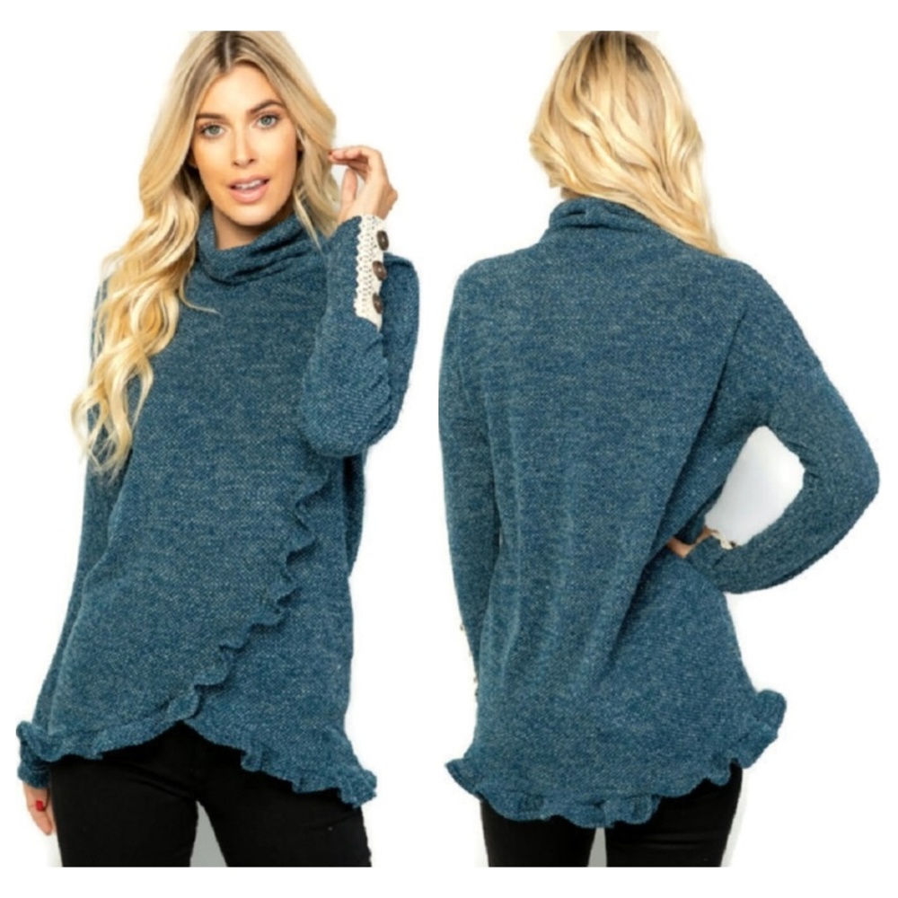 Boutique Ruffle Front Long Sleeve Button Trim Top